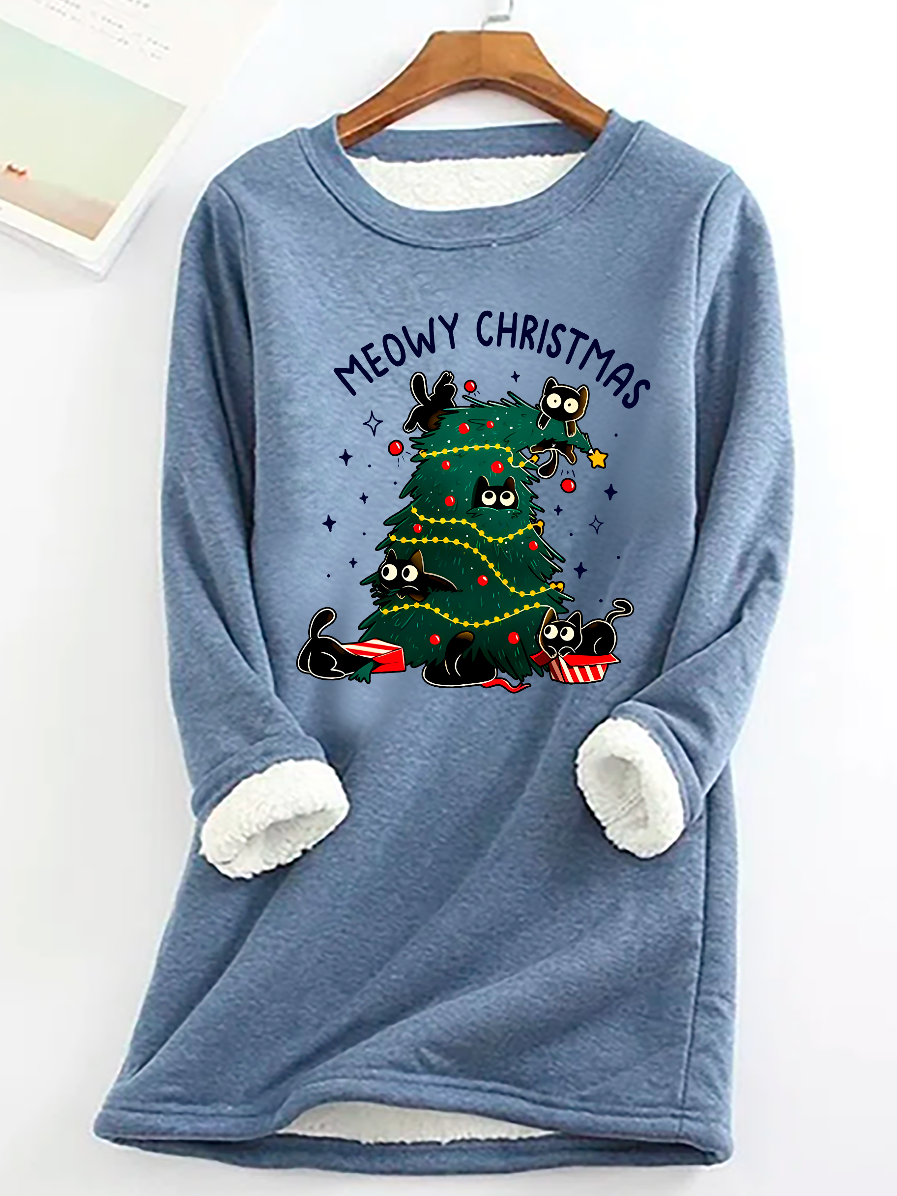 Meowy Christmas Funny Cats Casual Fluff Fleece Fabric Sweatshirt