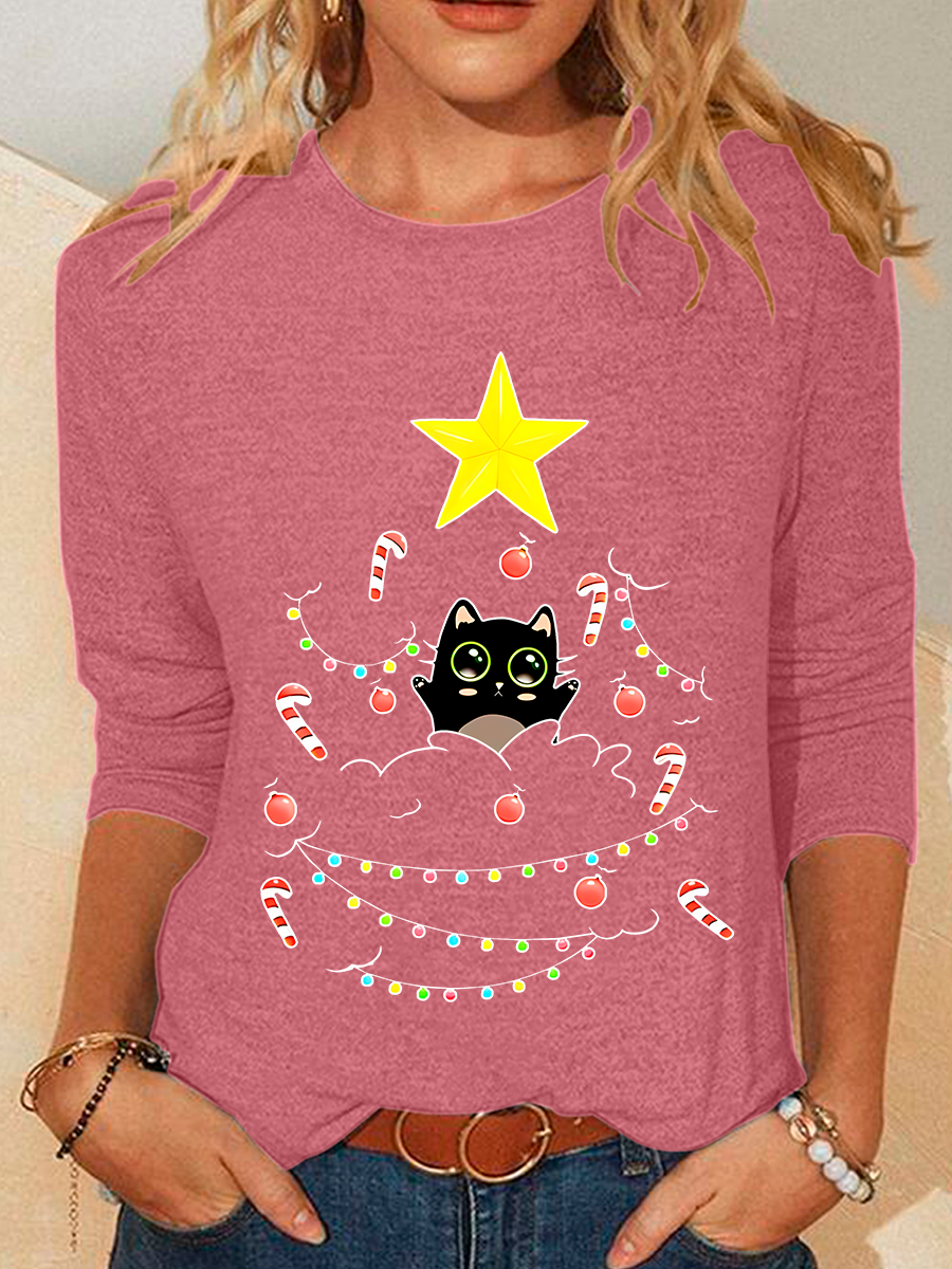 Cat Is Adorning The Christmas Tree Casual Long Sleeve Shirt