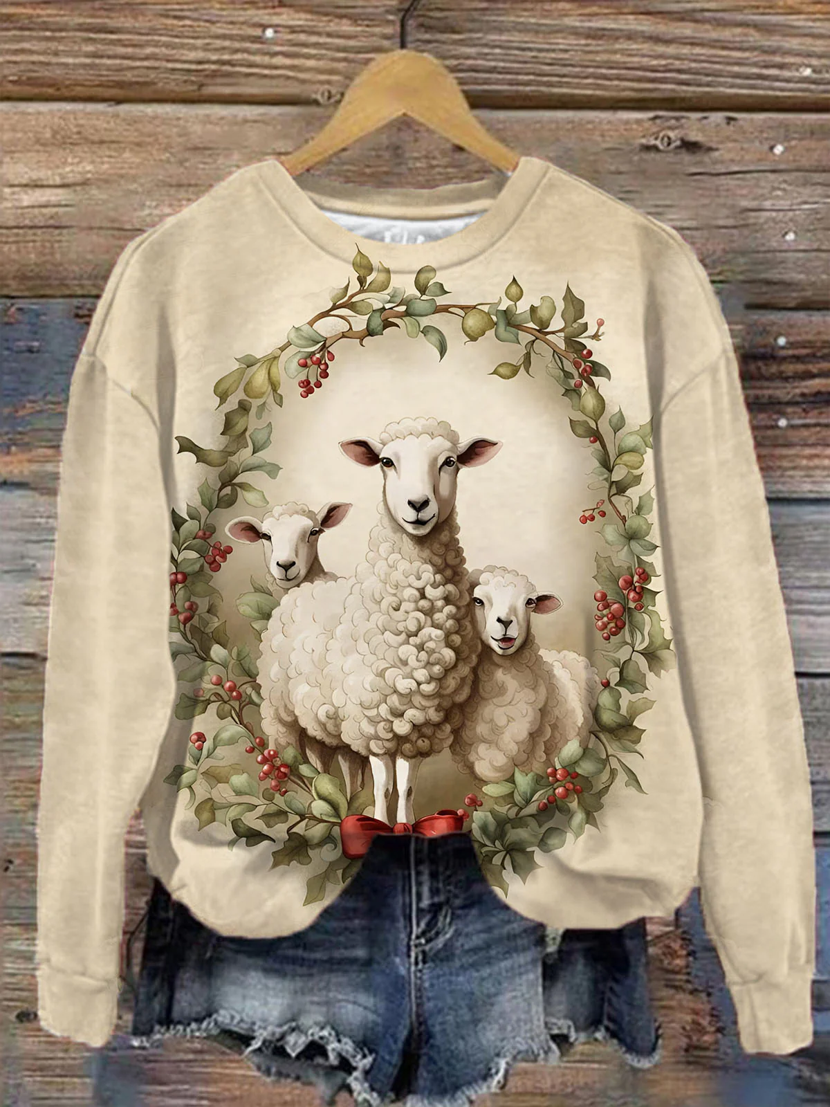 Women's Christmas Lamb Print Long Sleeve Sweatshirt