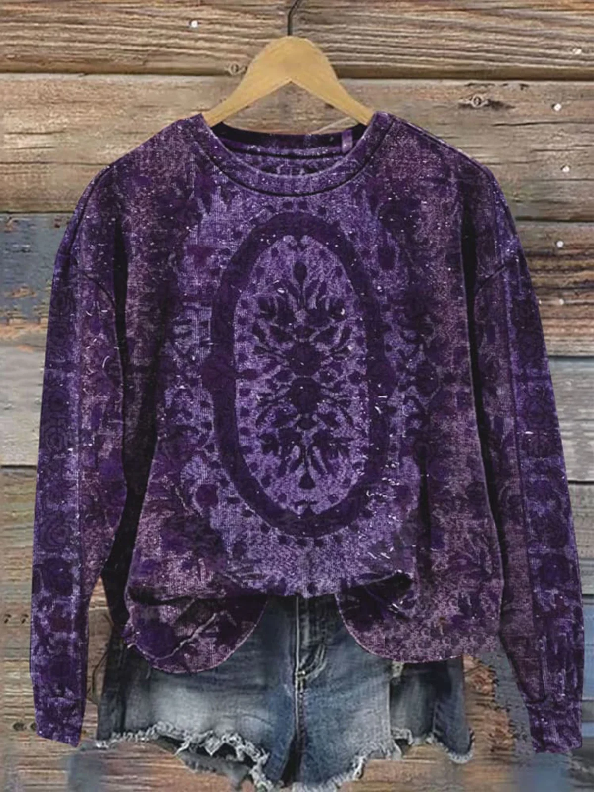 Ethnic Print Long Sleeve Crew Neck Sweatshirt