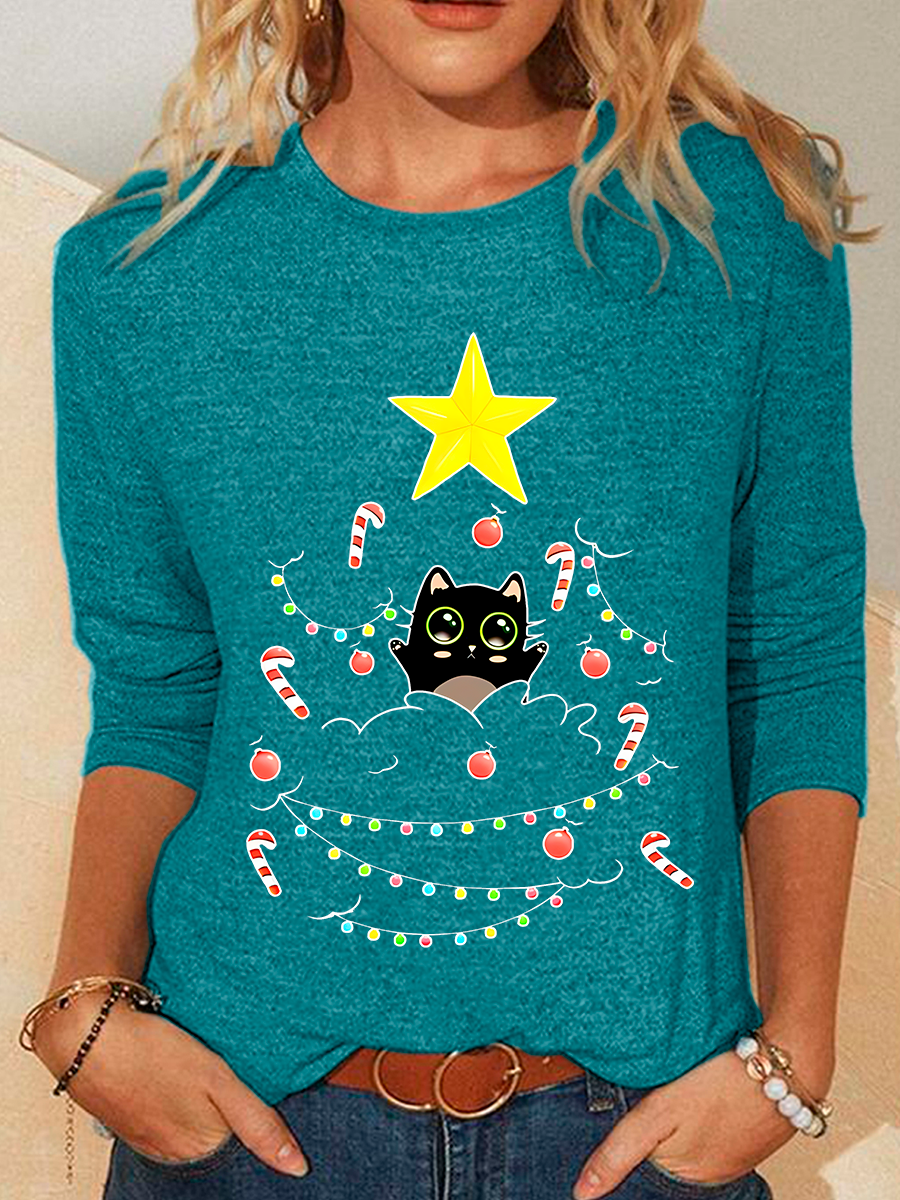 Cat Is Adorning The Christmas Tree Casual Long Sleeve Shirt