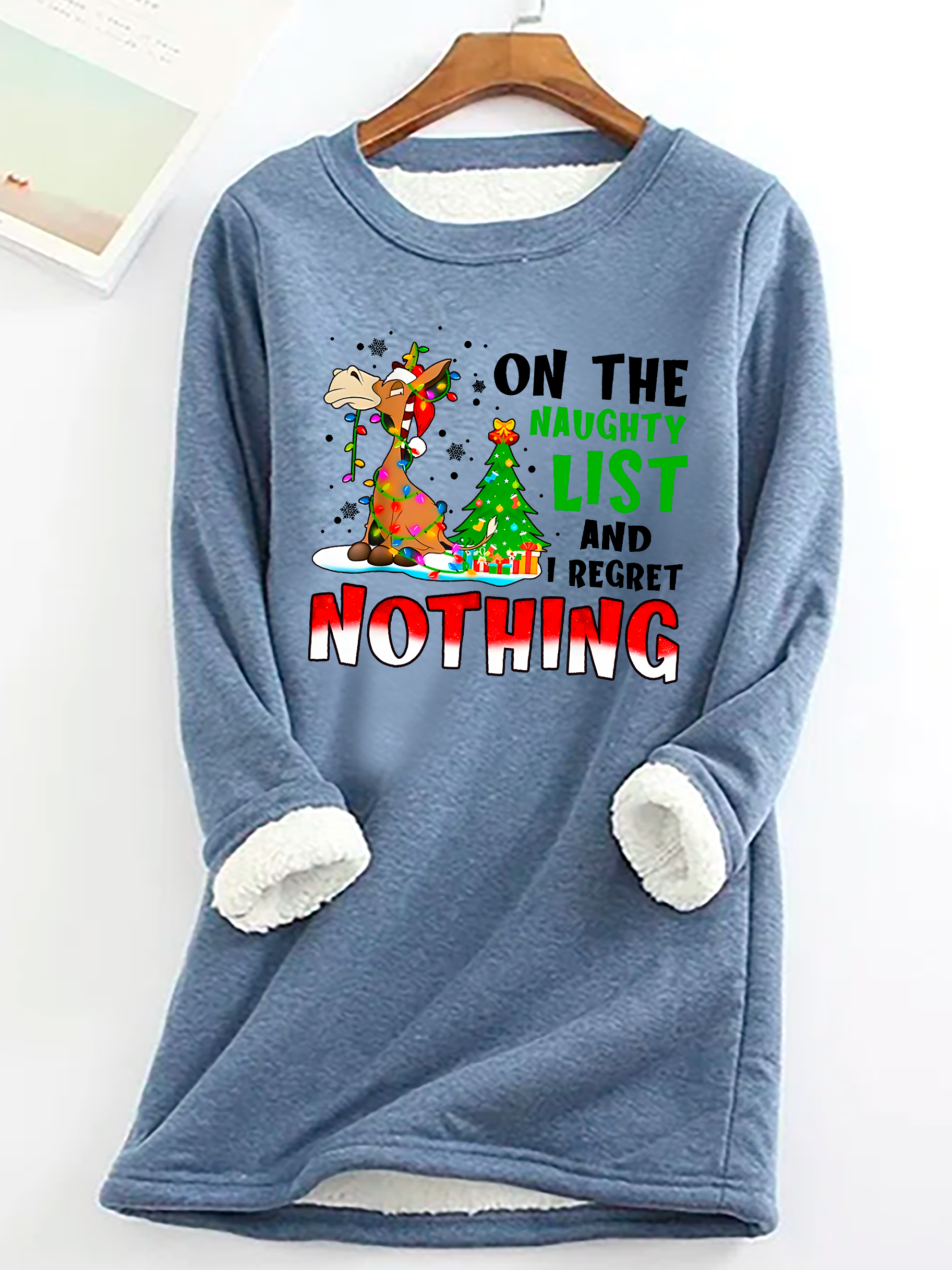 Donkey Christmas On The Naughty List And I Regret Nothing Casual Fluff Fleece Fabric Sweatshirt