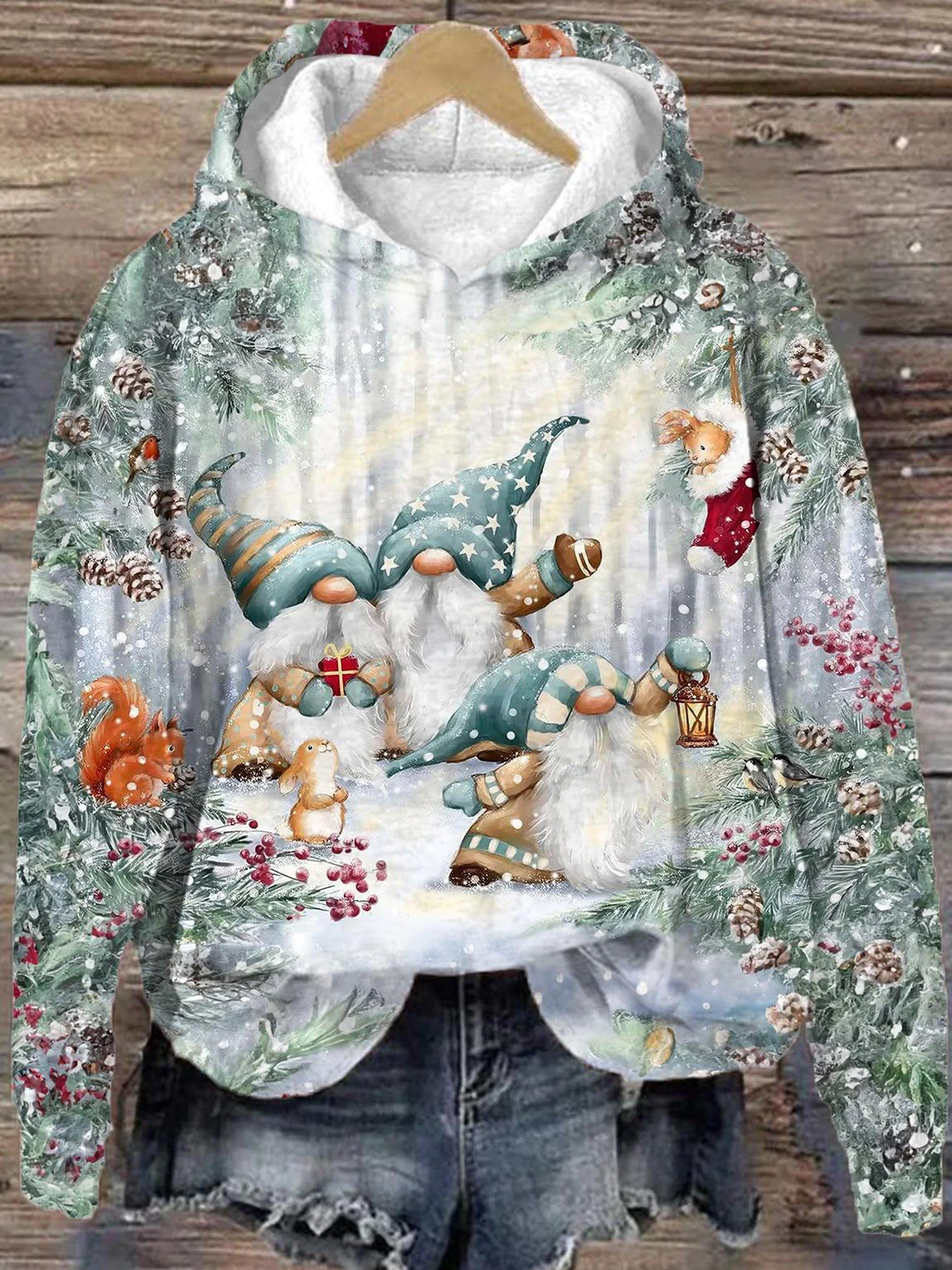 Snow Forest Gnomes Long Sleeve Printed Hoodie