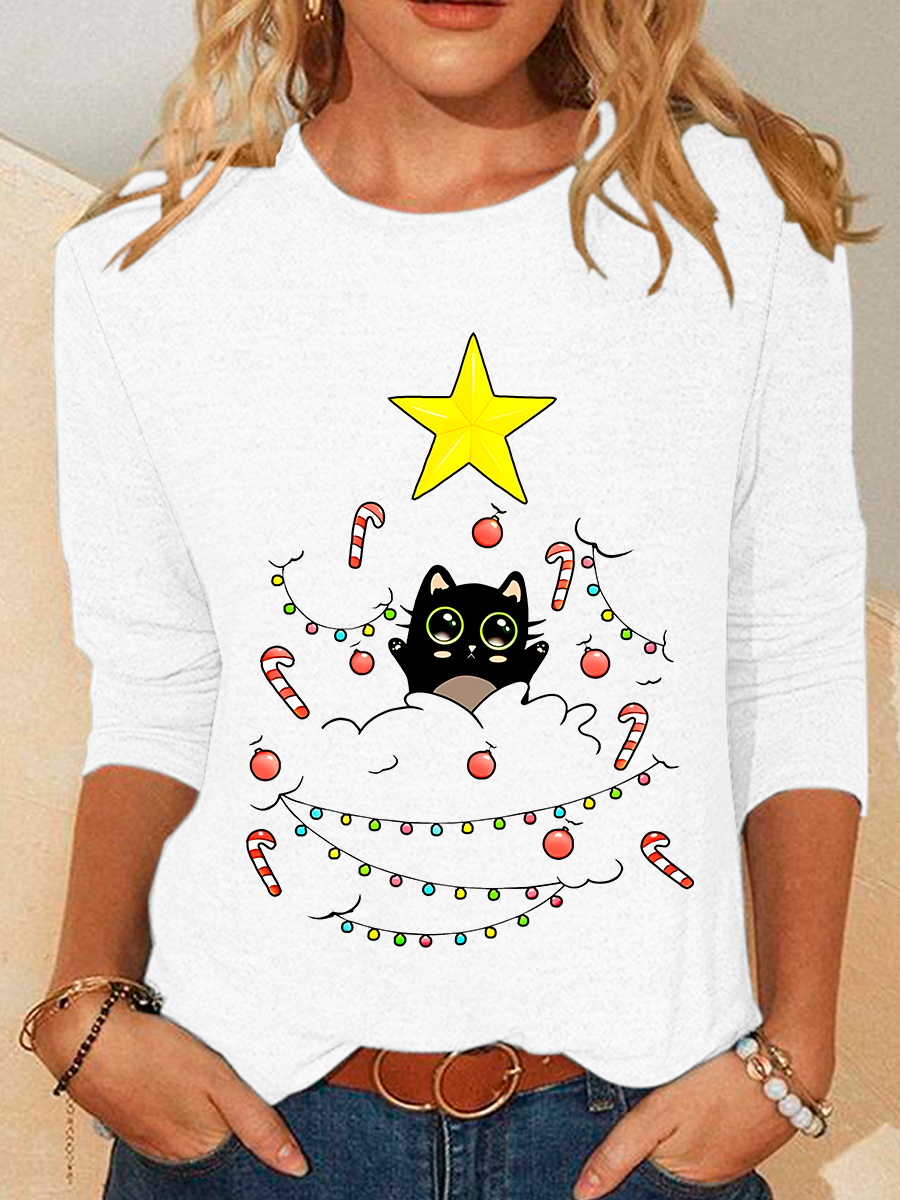 Cat Is Adorning The Christmas Tree Casual Long Sleeve Shirt