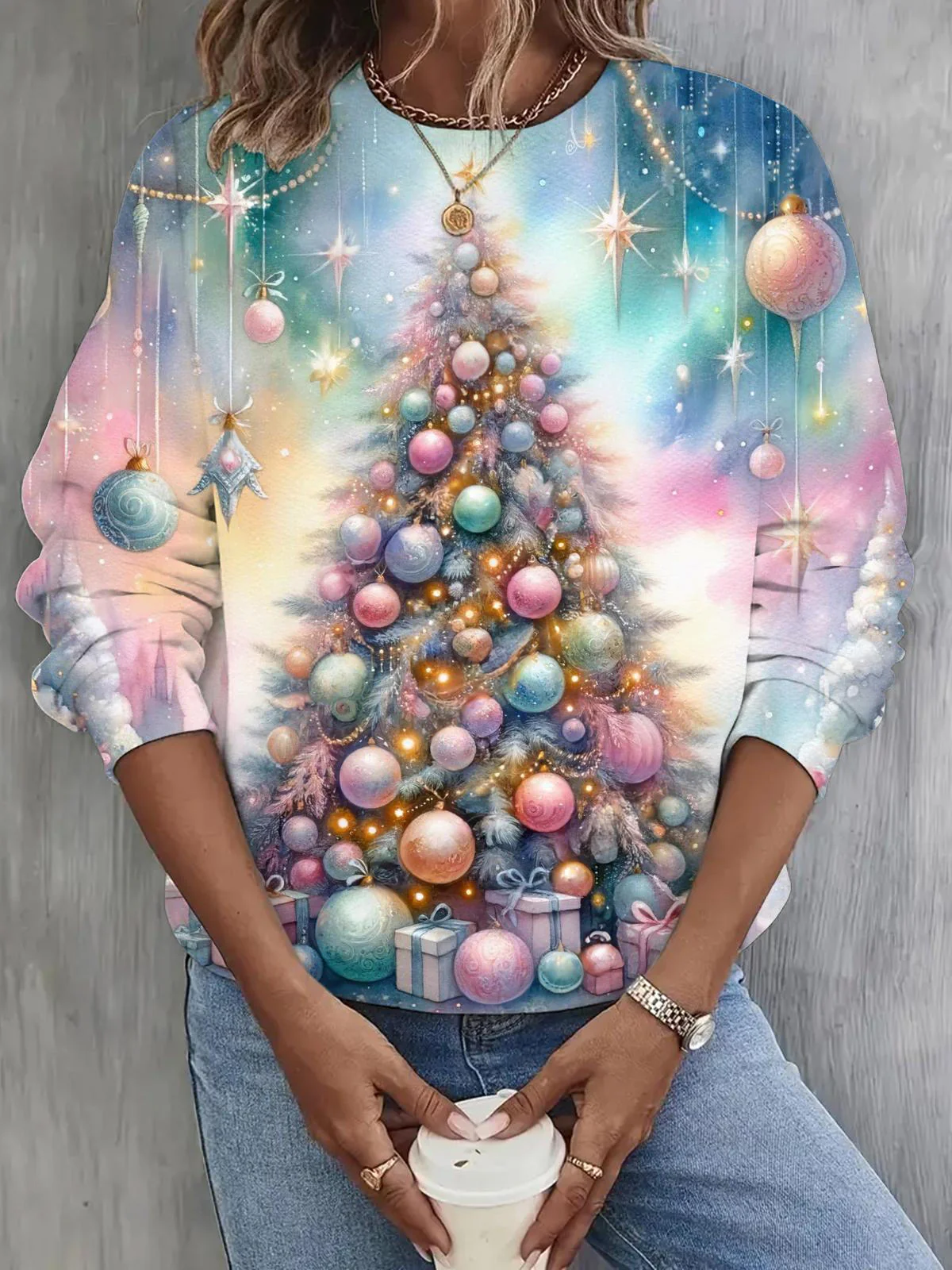 Colorful Christmas Tree Print Long Sleeve Casual Sweatshirt