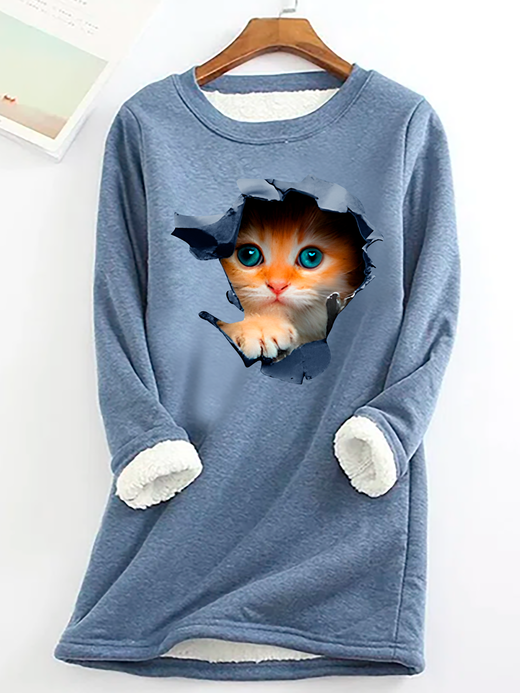 Cute Cat Casual Fluff Fleece Fabric Sweatshirt