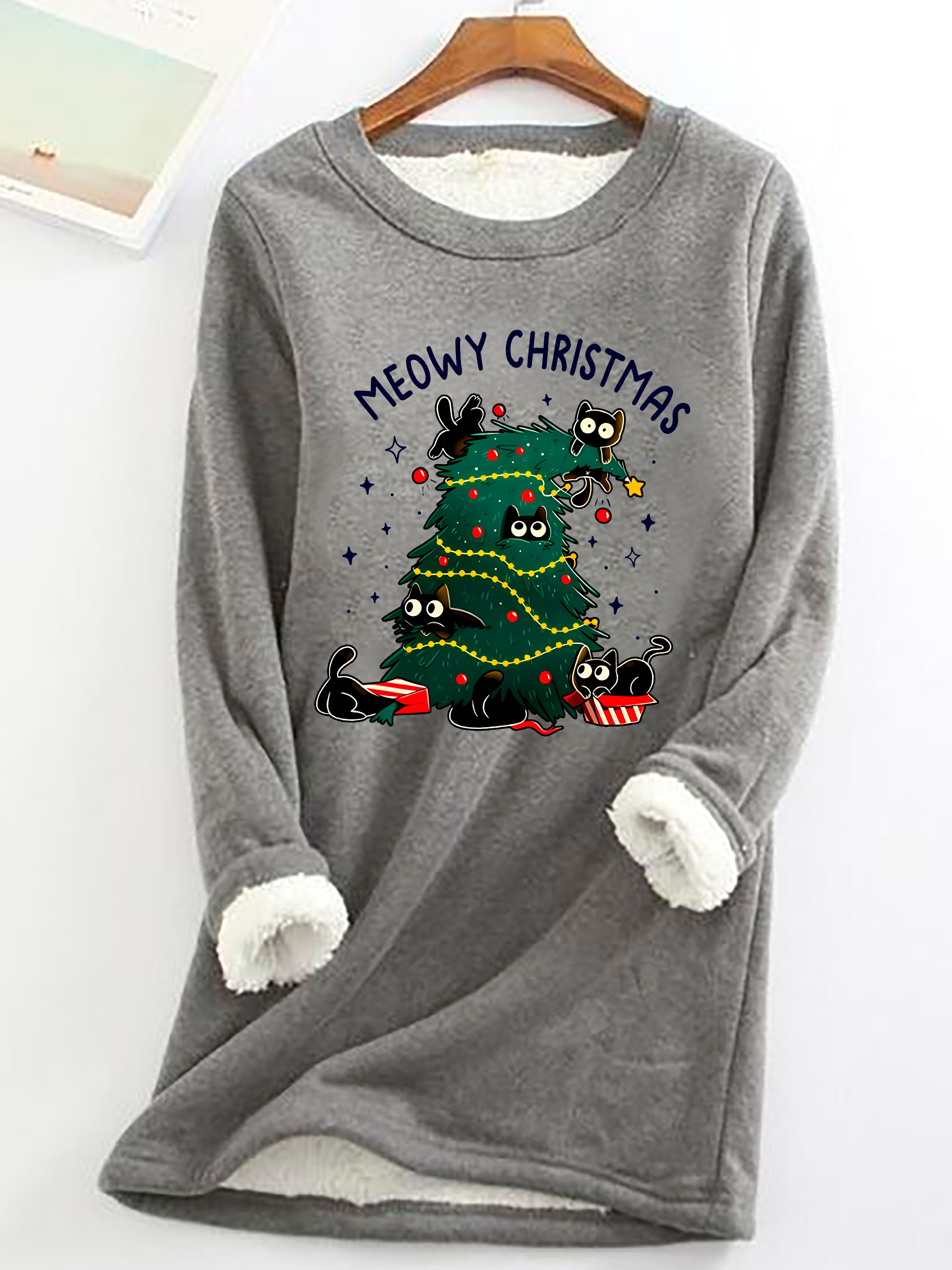 Meowy Christmas Funny Cats Casual Fluff Fleece Fabric Sweatshirt