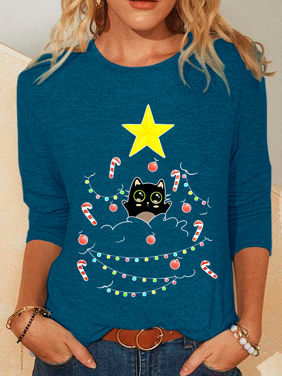 Cat Is Adorning The Christmas Tree Casual Long Sleeve Shirt