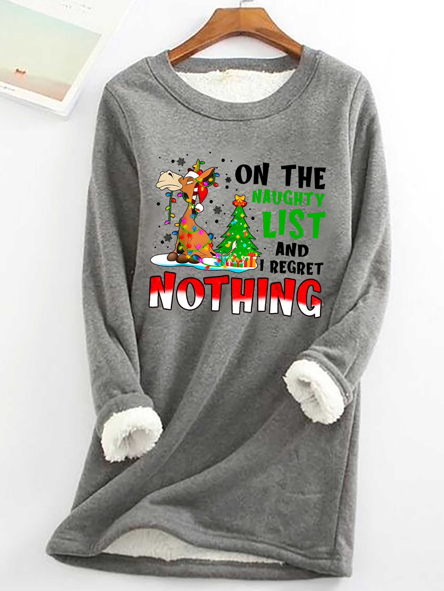 Donkey Christmas On The Naughty List And I Regret Nothing Casual Fluff Fleece Fabric Sweatshirt