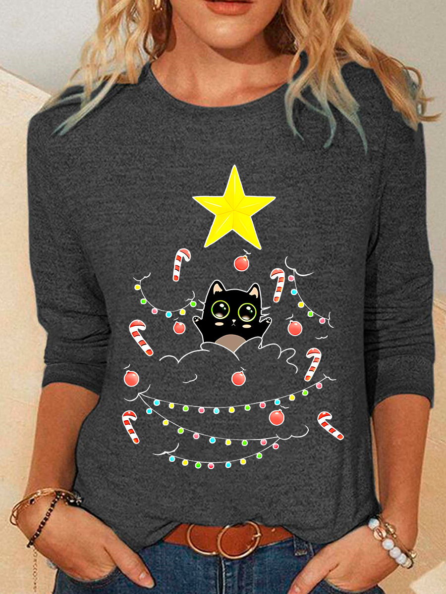 Cat Is Adorning The Christmas Tree Casual Long Sleeve Shirt