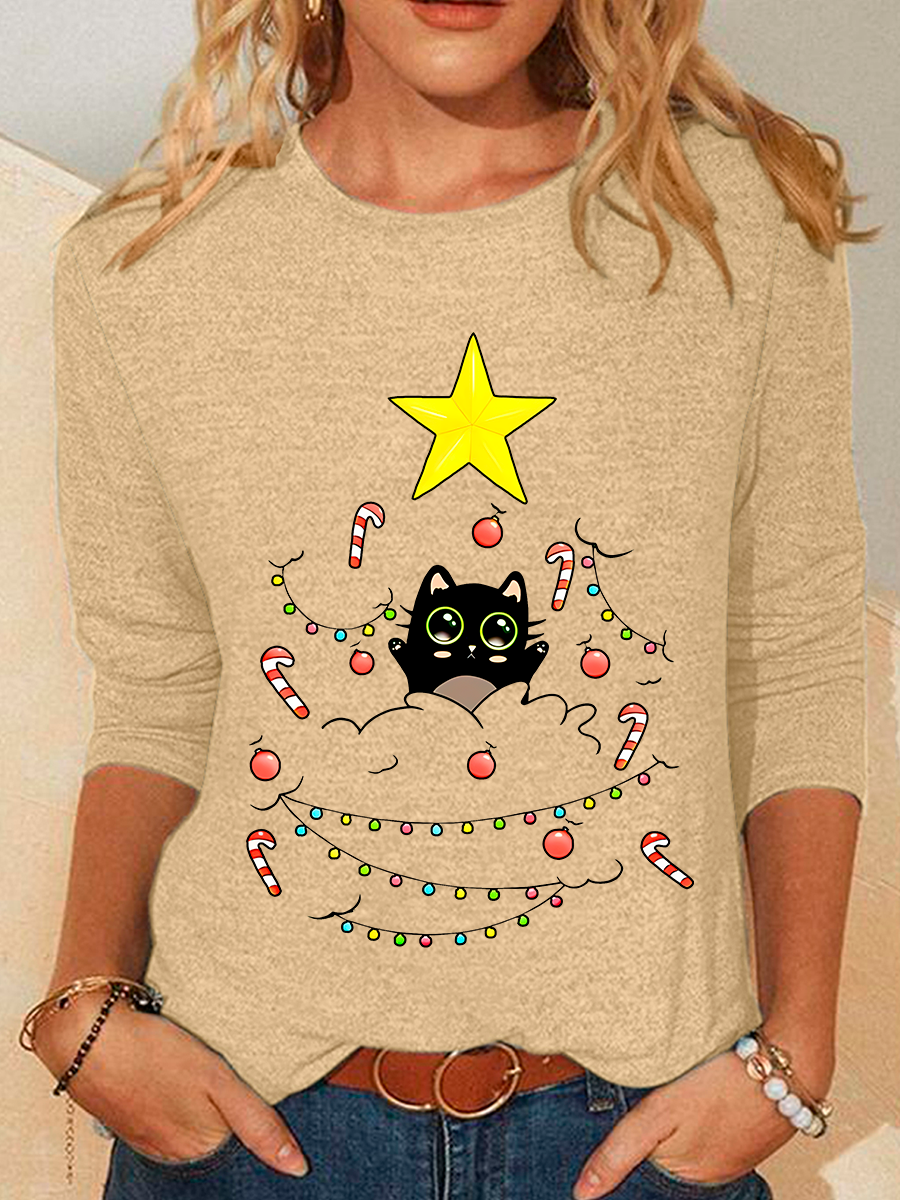 Cat Is Adorning The Christmas Tree Casual Long Sleeve Shirt