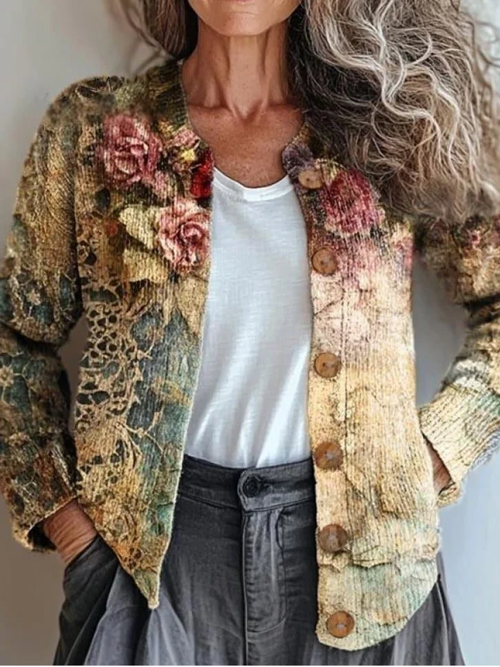 Ethnic Crew Neck Psychedelic Art Cardigan