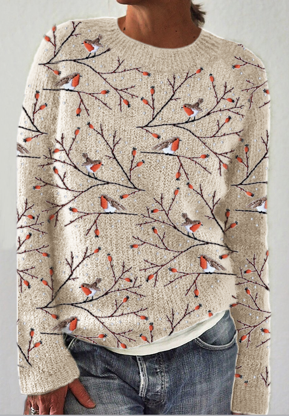 A bird standing on a tree branch, vintage embroidered round neck sweater