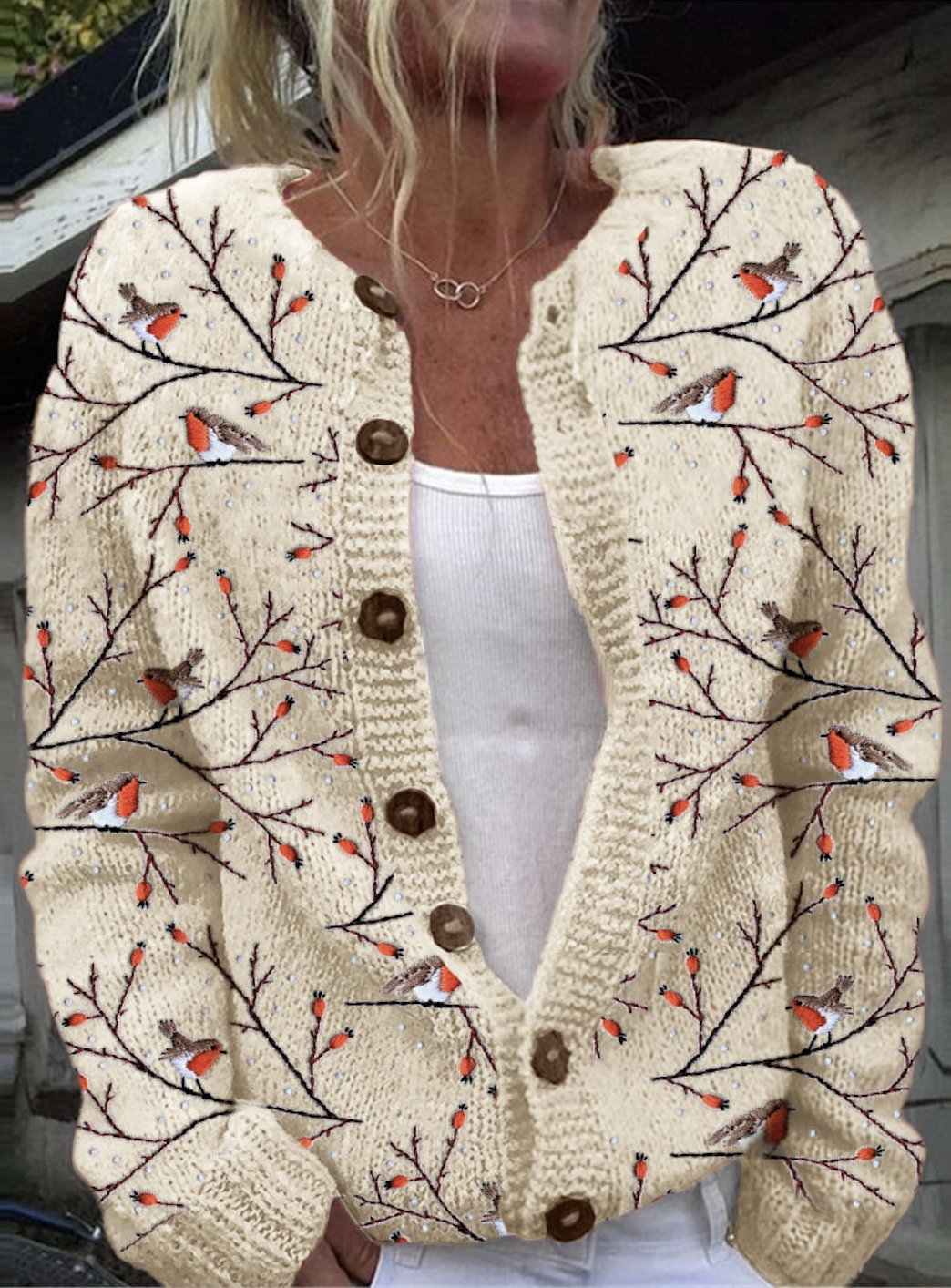 A bird standing on a tree branch embroidered knitted sweater cardigan