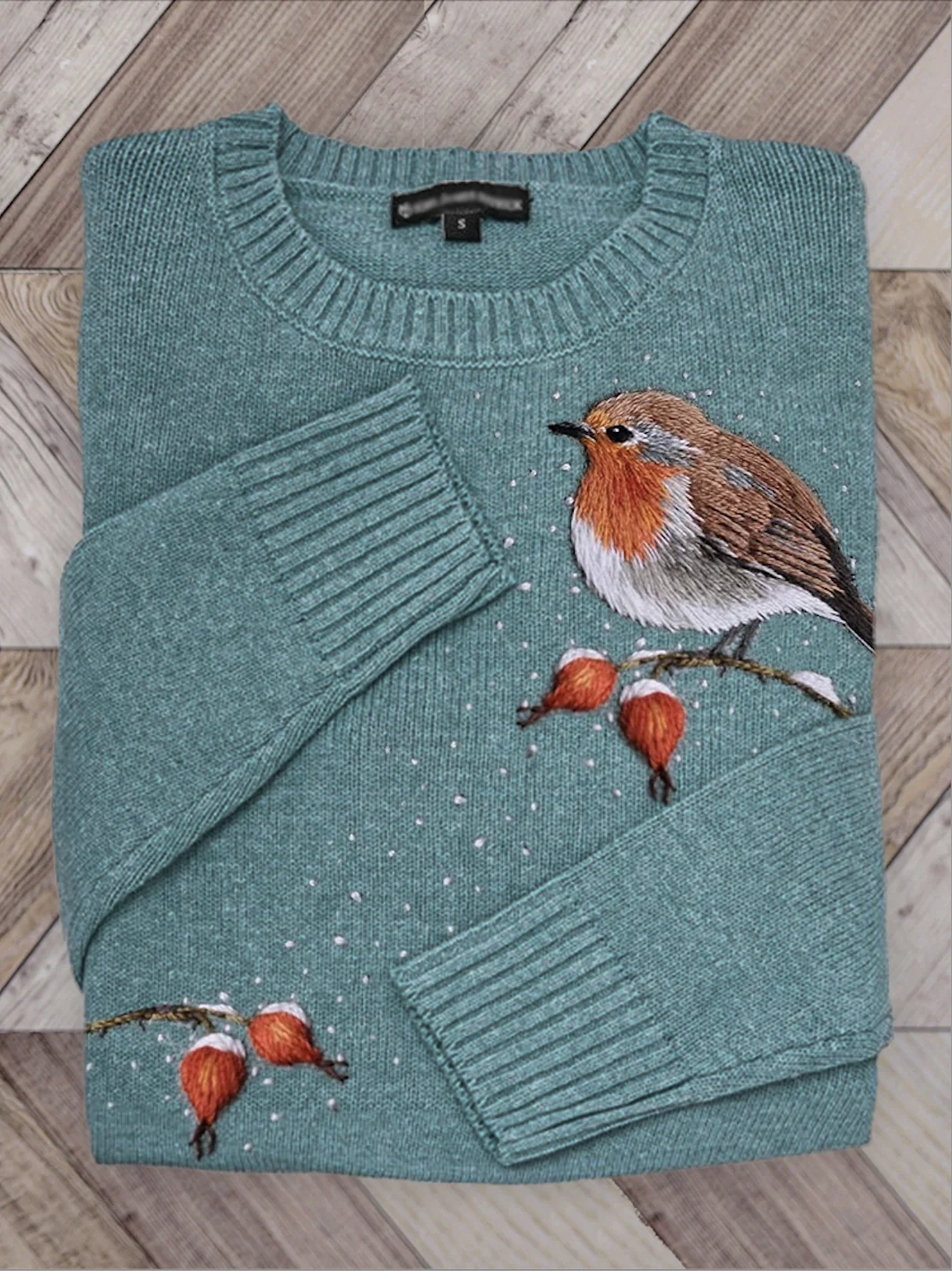 Bird On Berry Branch Snowy Embroidered Cozy Sweater