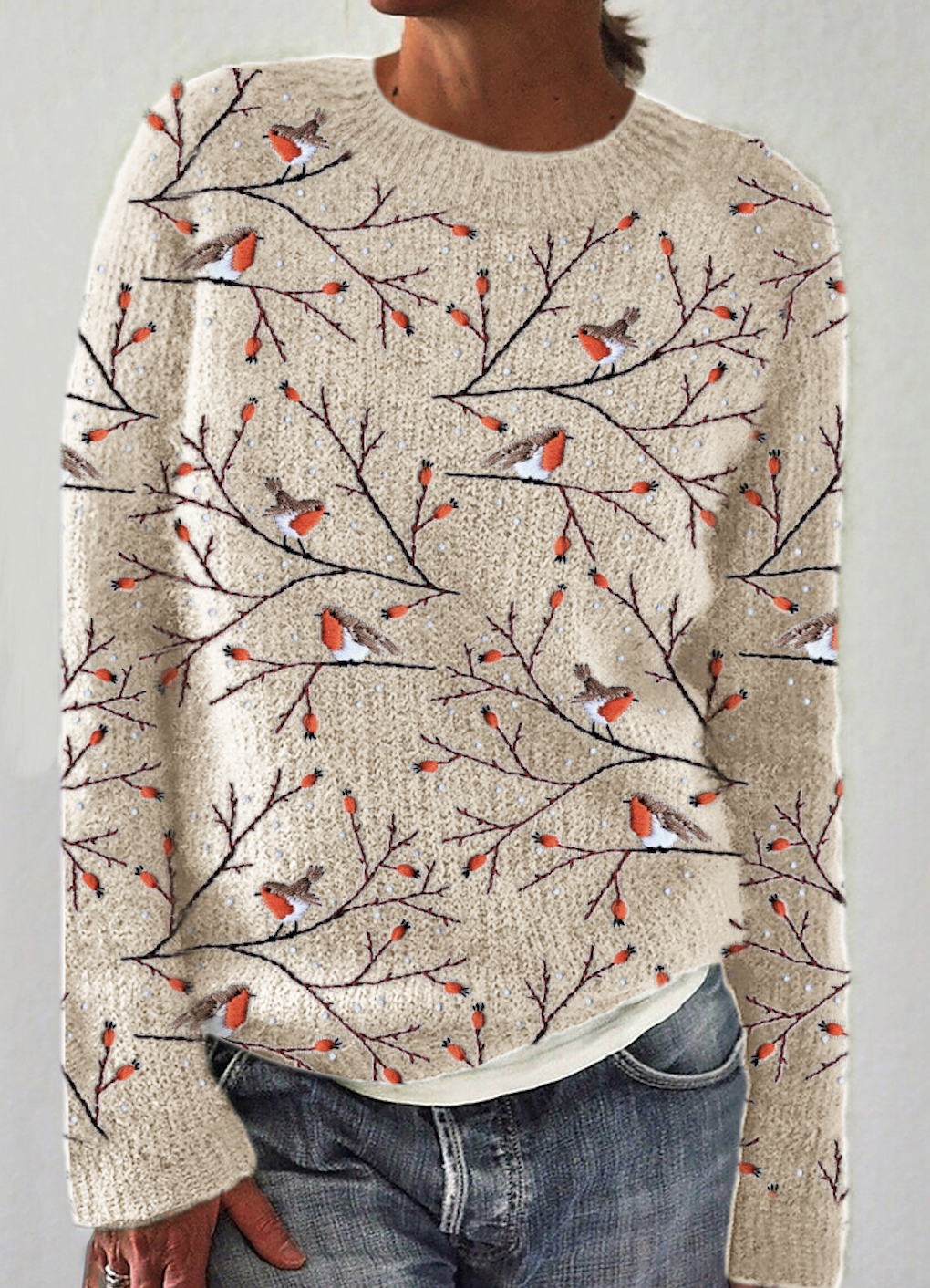 A bird standing on a tree branch, vintage embroidered round neck sweater