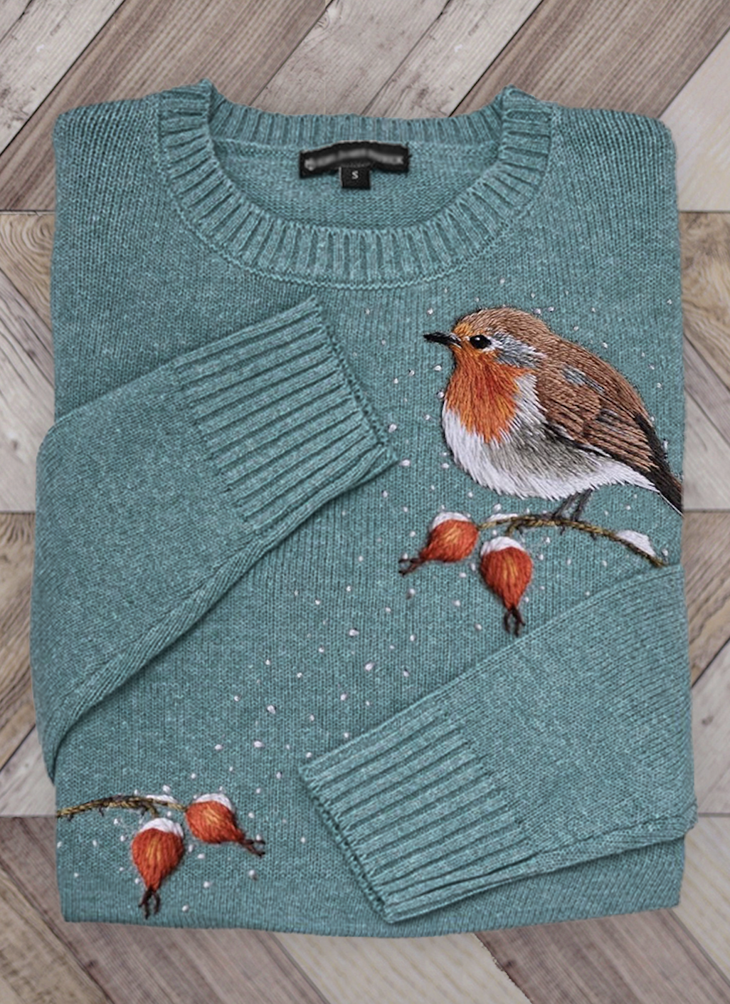 Bird On Berry Branch Snowy Embroidered Cozy Sweater