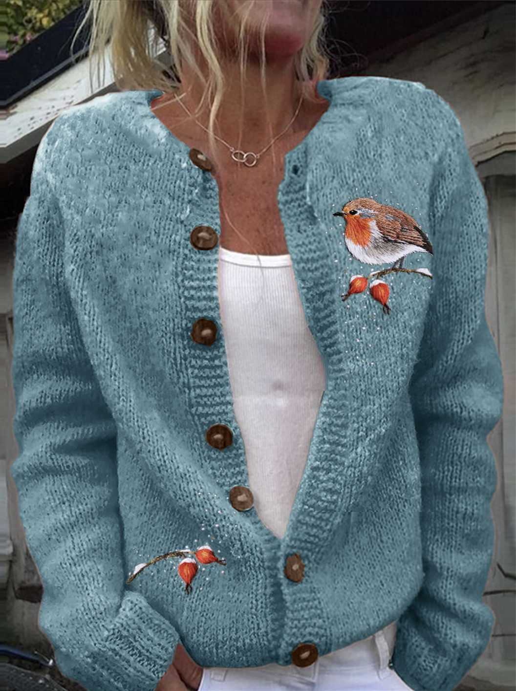 Vintage bird embroidery knitted sweater cardigan