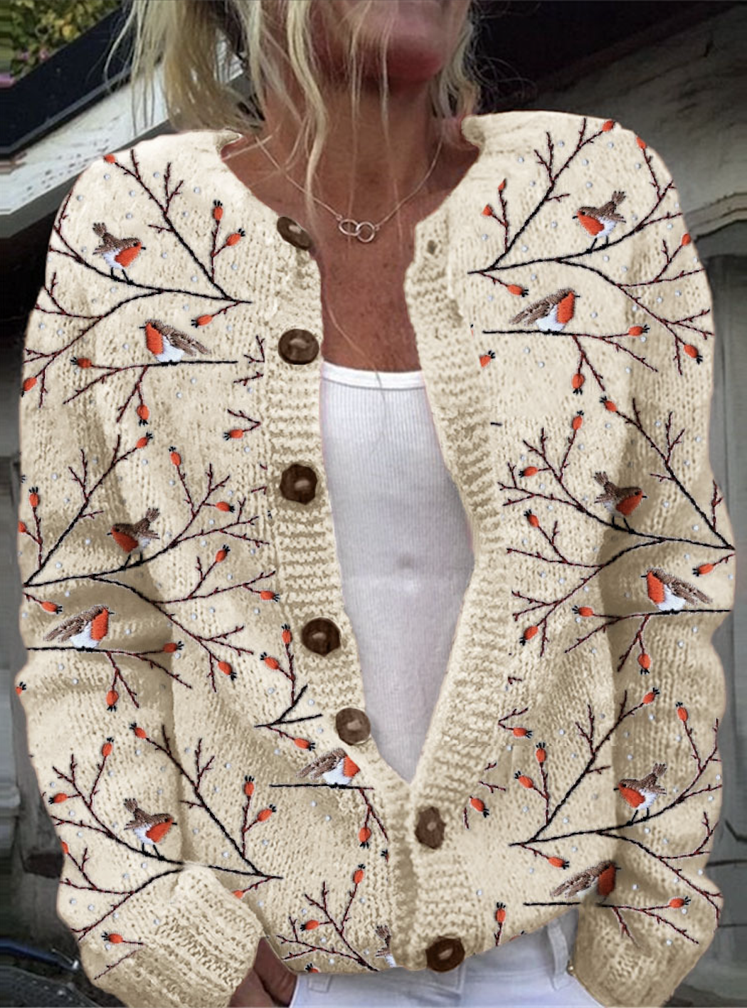 A bird standing on a tree branch embroidered knitted sweater cardigan