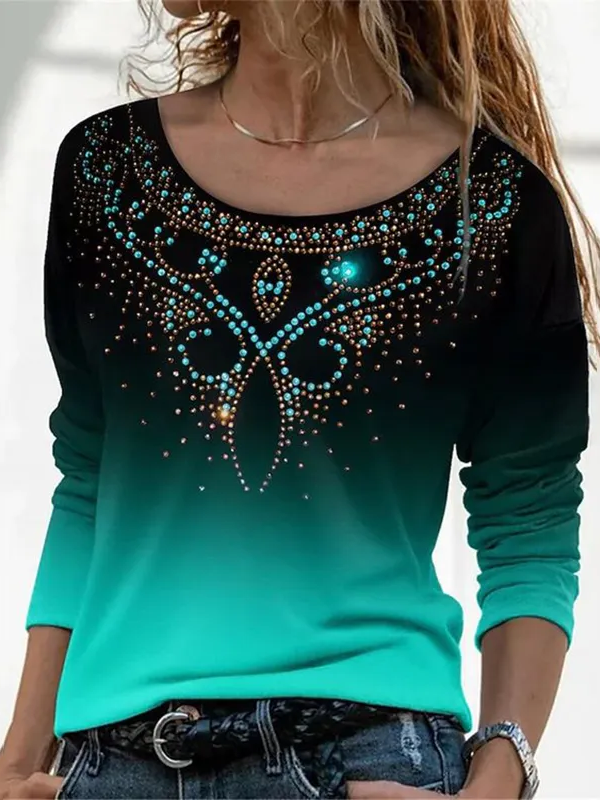 Western Gradient Print Round Neck Long Sleeve T-Shirt