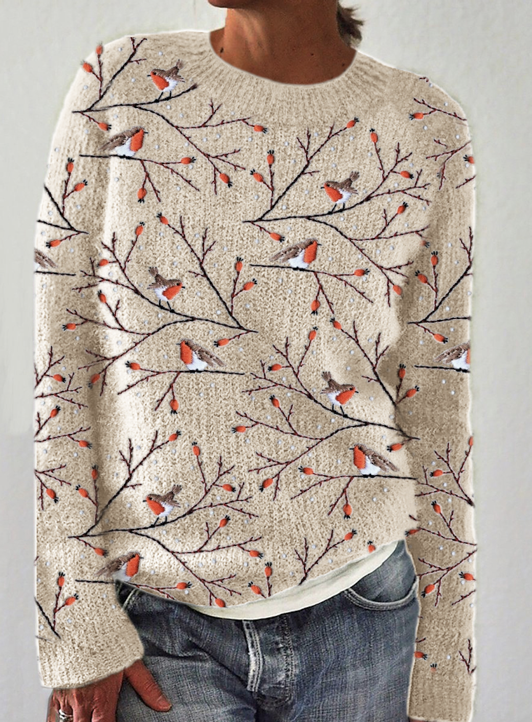 A bird standing on a tree branch, vintage embroidered round neck sweater