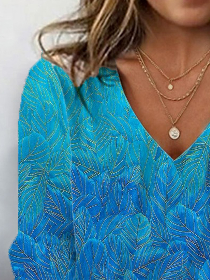 Leaf Print Long Sleeve V-Neck T-shirt