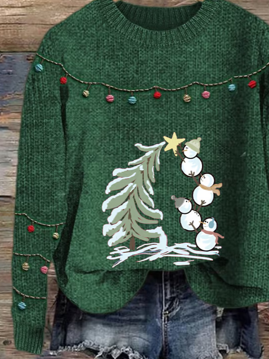 Women's Christmas Snowman Print Crew Neck Sweater