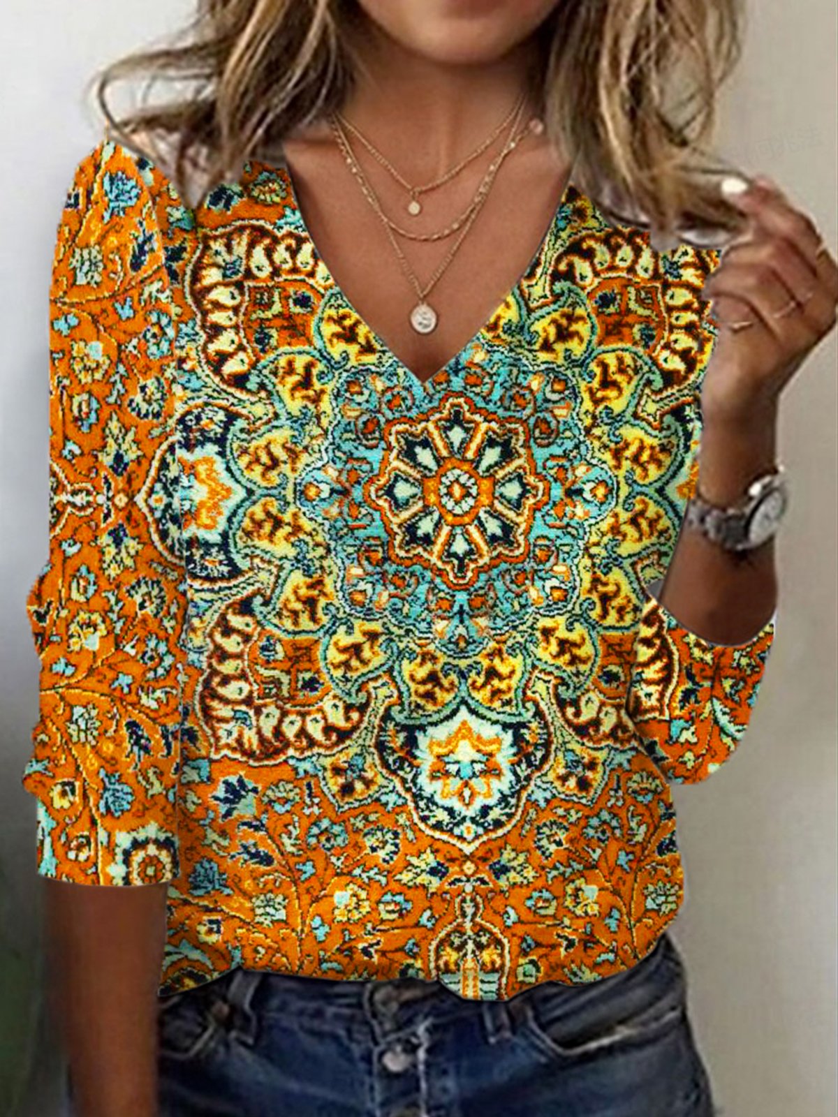 Ethnic Print Long Sleeve V-Neck T-shirt