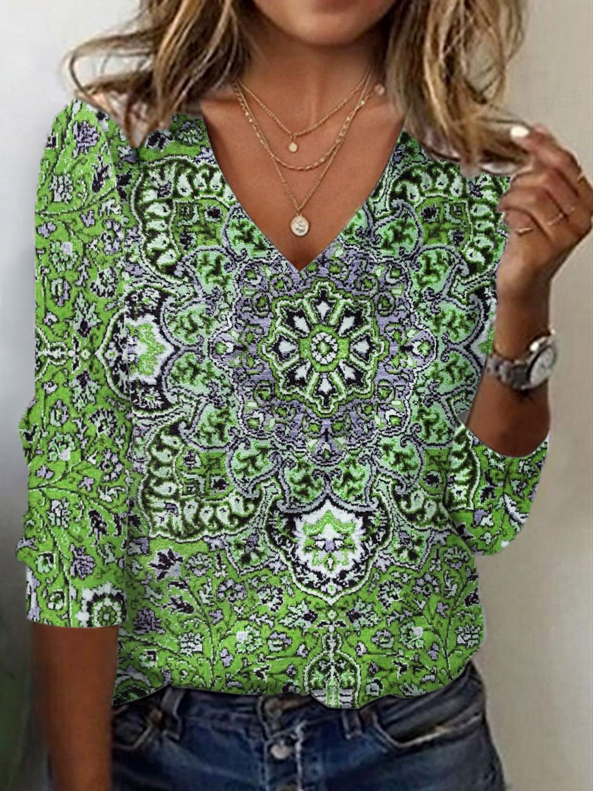 Ethnic Print Long Sleeve V-Neck T-shirt