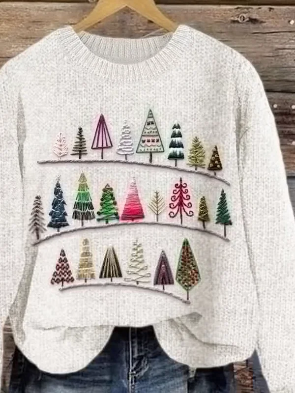 Women's Christmas Tree Embroidered Print Crew Neck Sweater