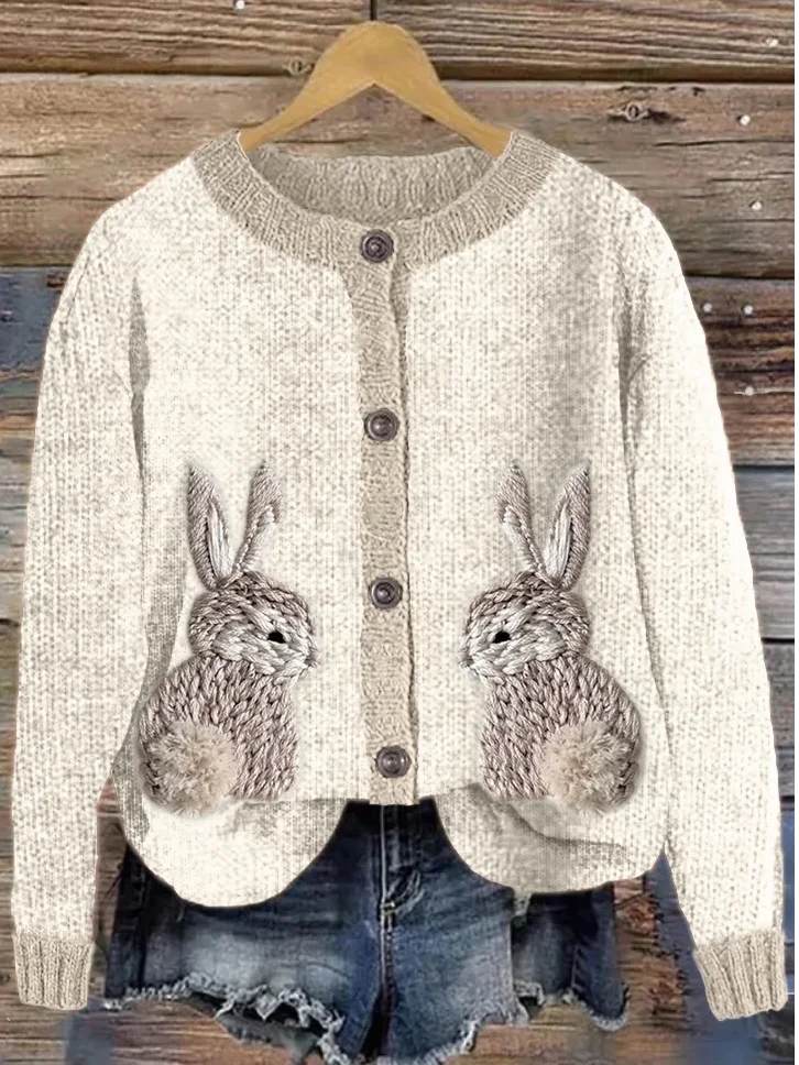 Animal Picture Casual Loose Knitted Cardigan