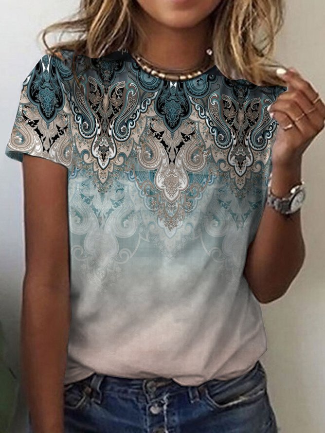 Ethnic Print Short-Sleeved Crew Neck T-shirt