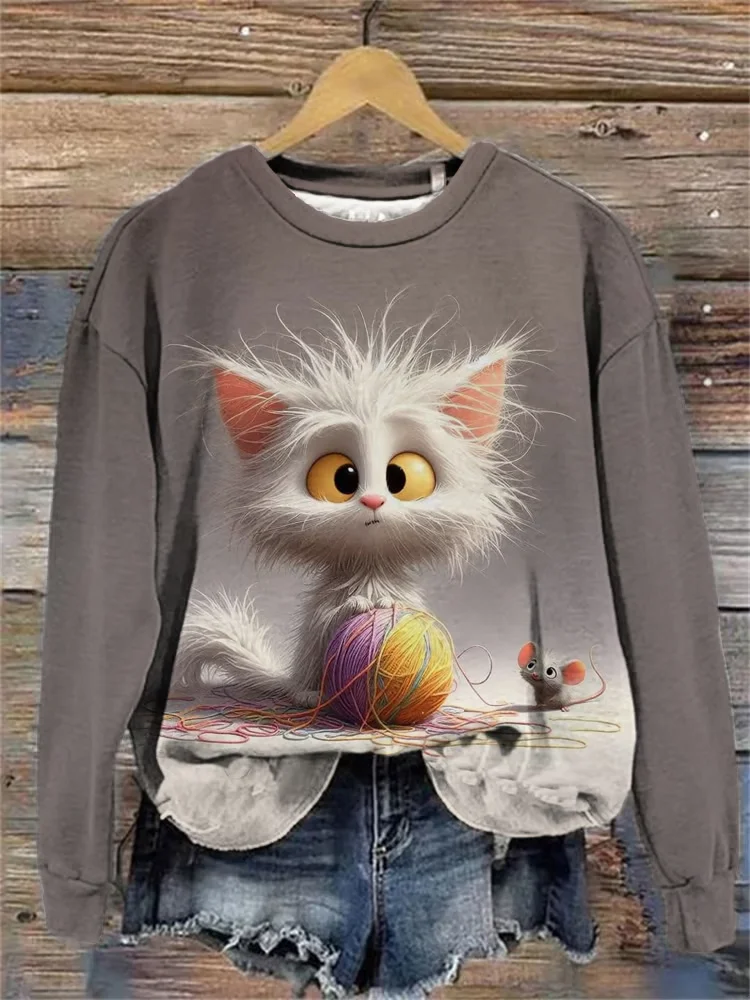 Women's Cute Art Cat Print Sweatshirt