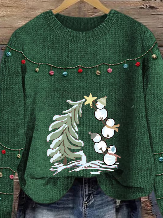 Women's Christmas Snowman Print Crew Neck Sweater