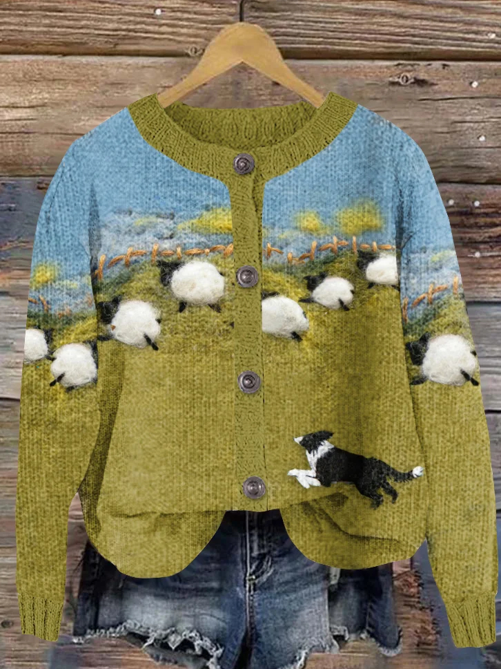 Casual Landscape Print Crew Neck Cardigan