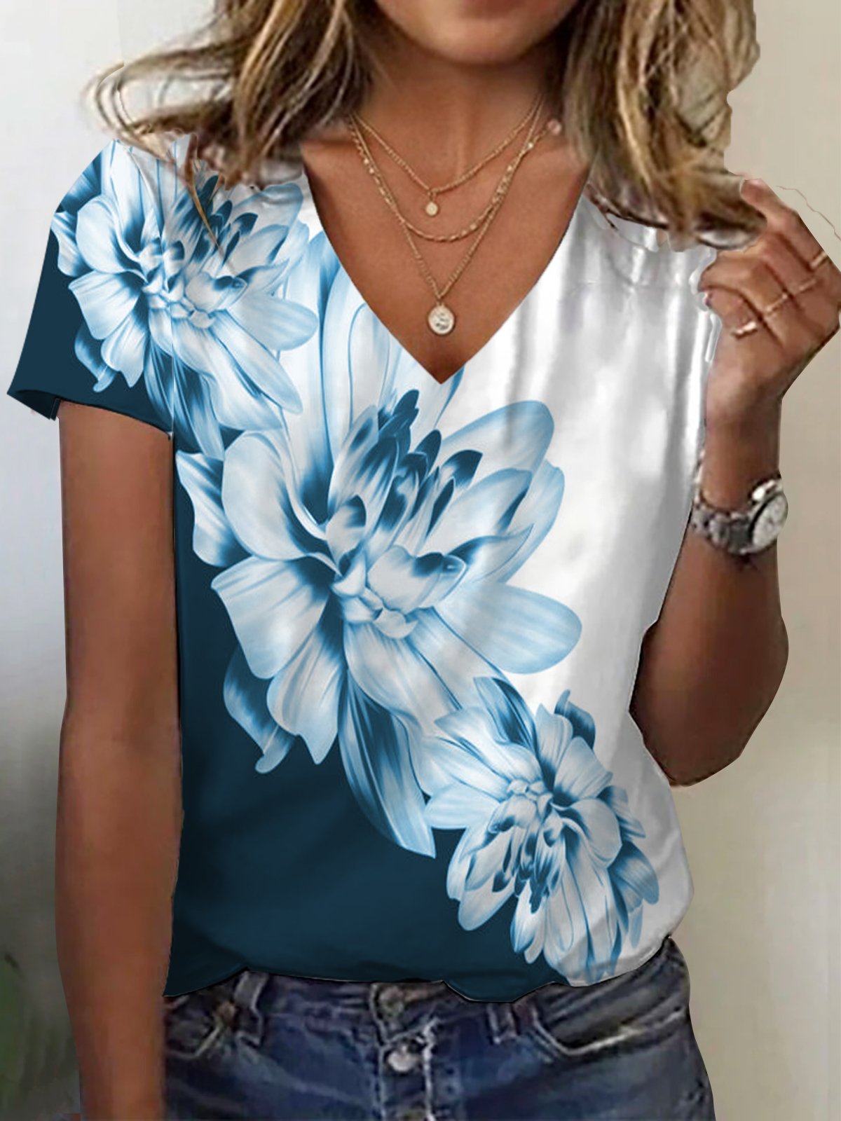 Floral Print Short Sleeve V-Neck T-shirt