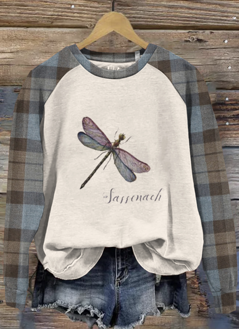 Vintage Tv Show Inspired Plaid Dragonfly Print Casual Sweatshirt