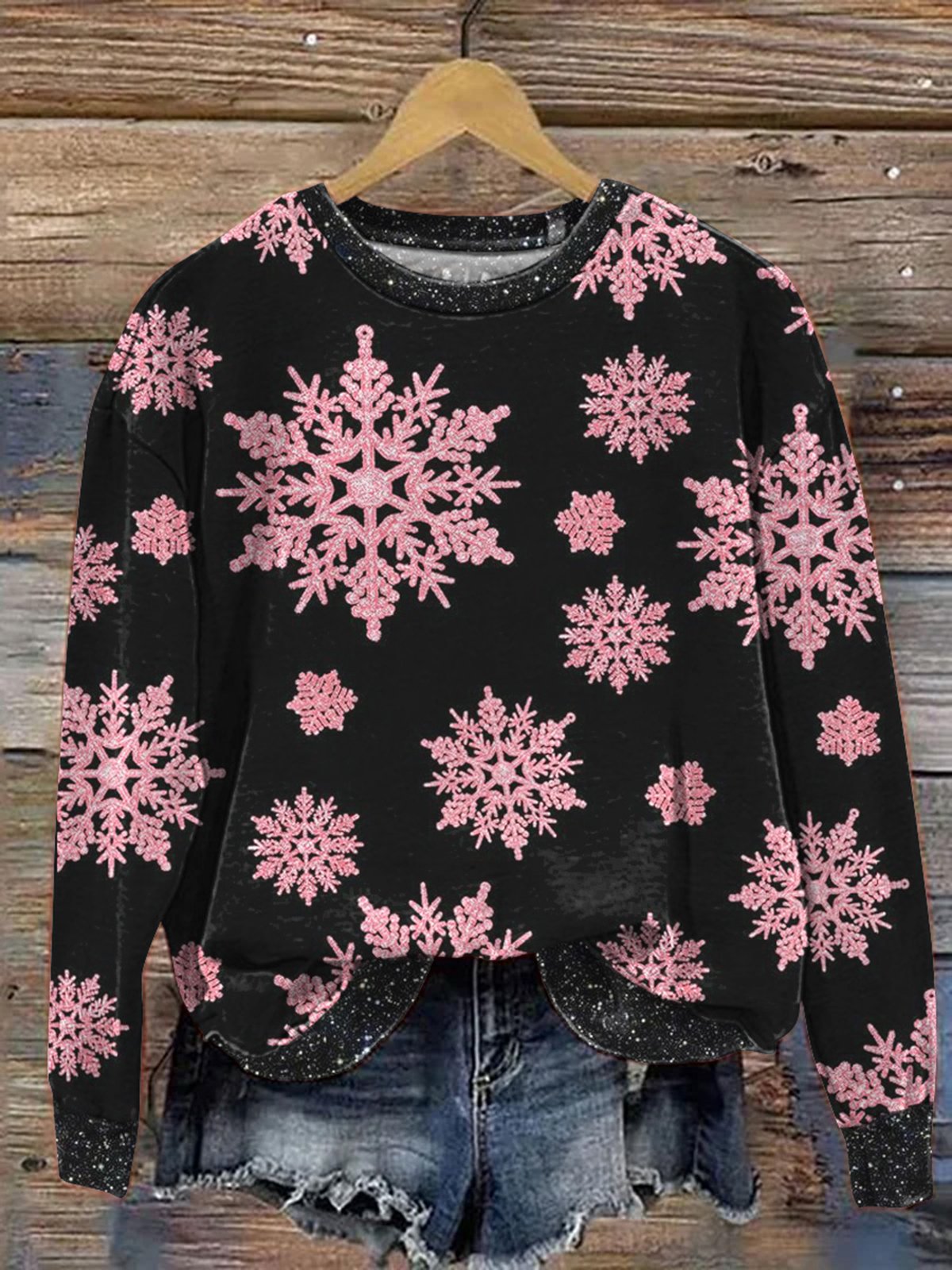 Snowflake Print Long Sleeve Crew Neck Sweatshirt