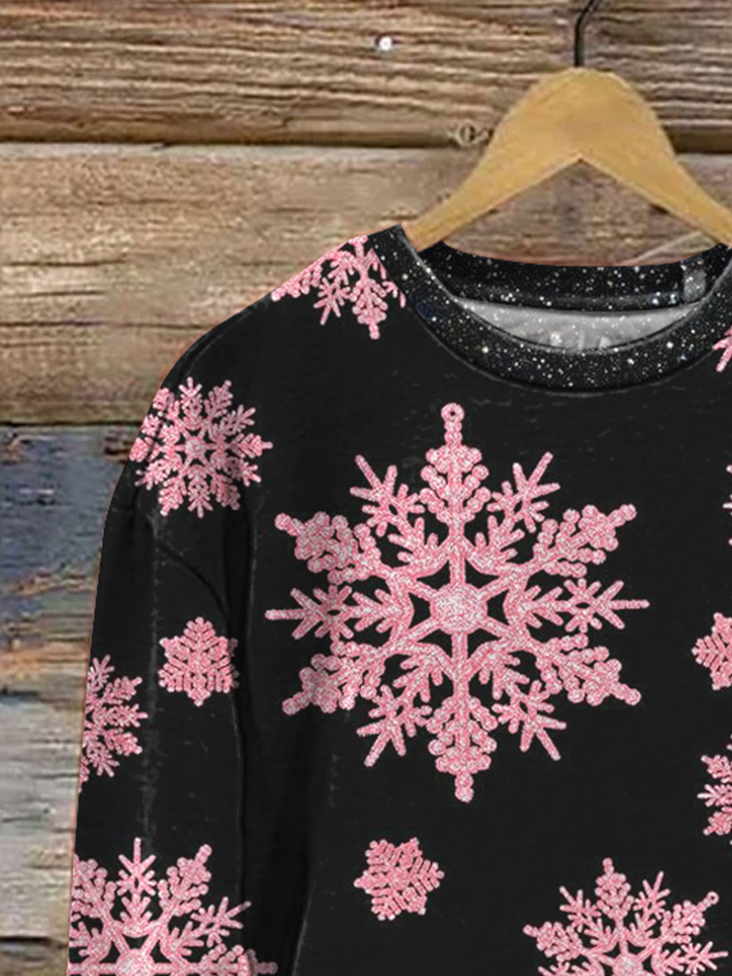 Snowflake Print Long Sleeve Crew Neck Sweatshirt