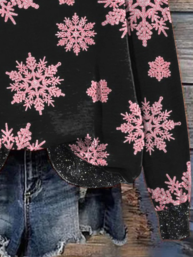 Snowflake Print Long Sleeve Crew Neck Sweatshirt