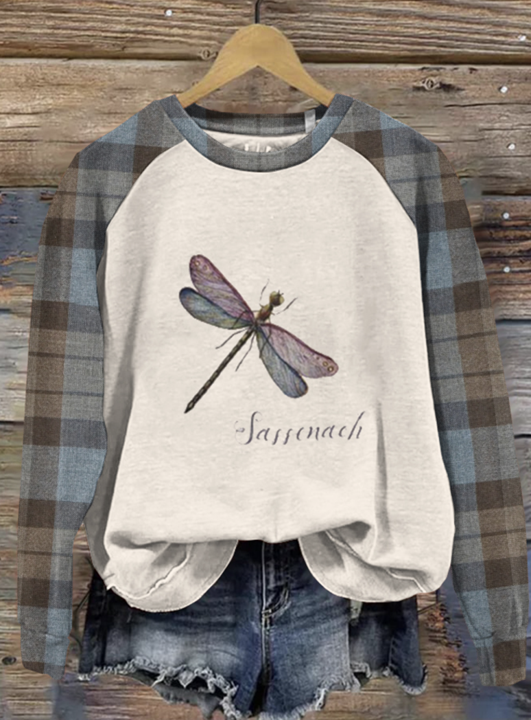 Vintage Tv Show Inspired Plaid Dragonfly Print Casual Sweatshirt