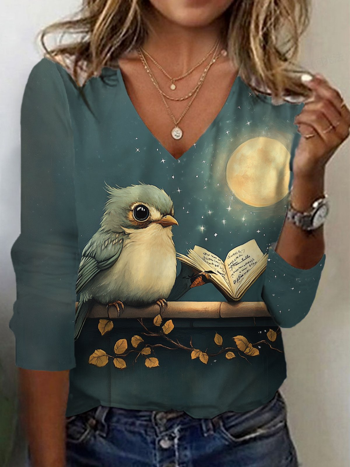 Bird Print Long Sleeve V-Neck T-shirt