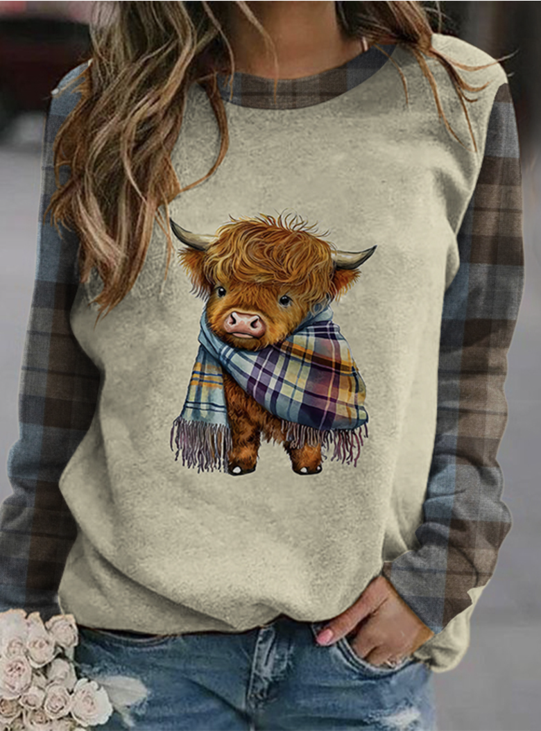 Checkered color blocked highland cattle sweatshirt