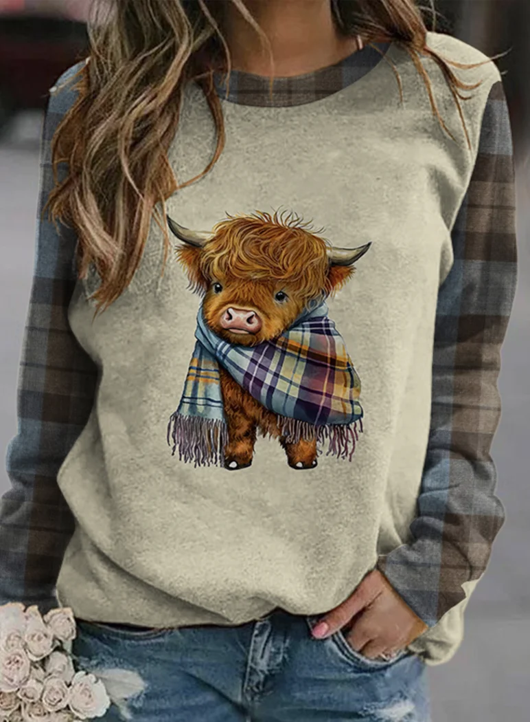 Checkered color blocked highland cattle sweatshirt