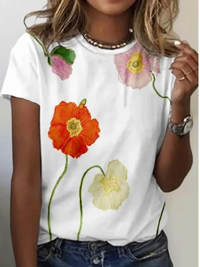 Jersey Crew Neck Casual Floral T-Shirt