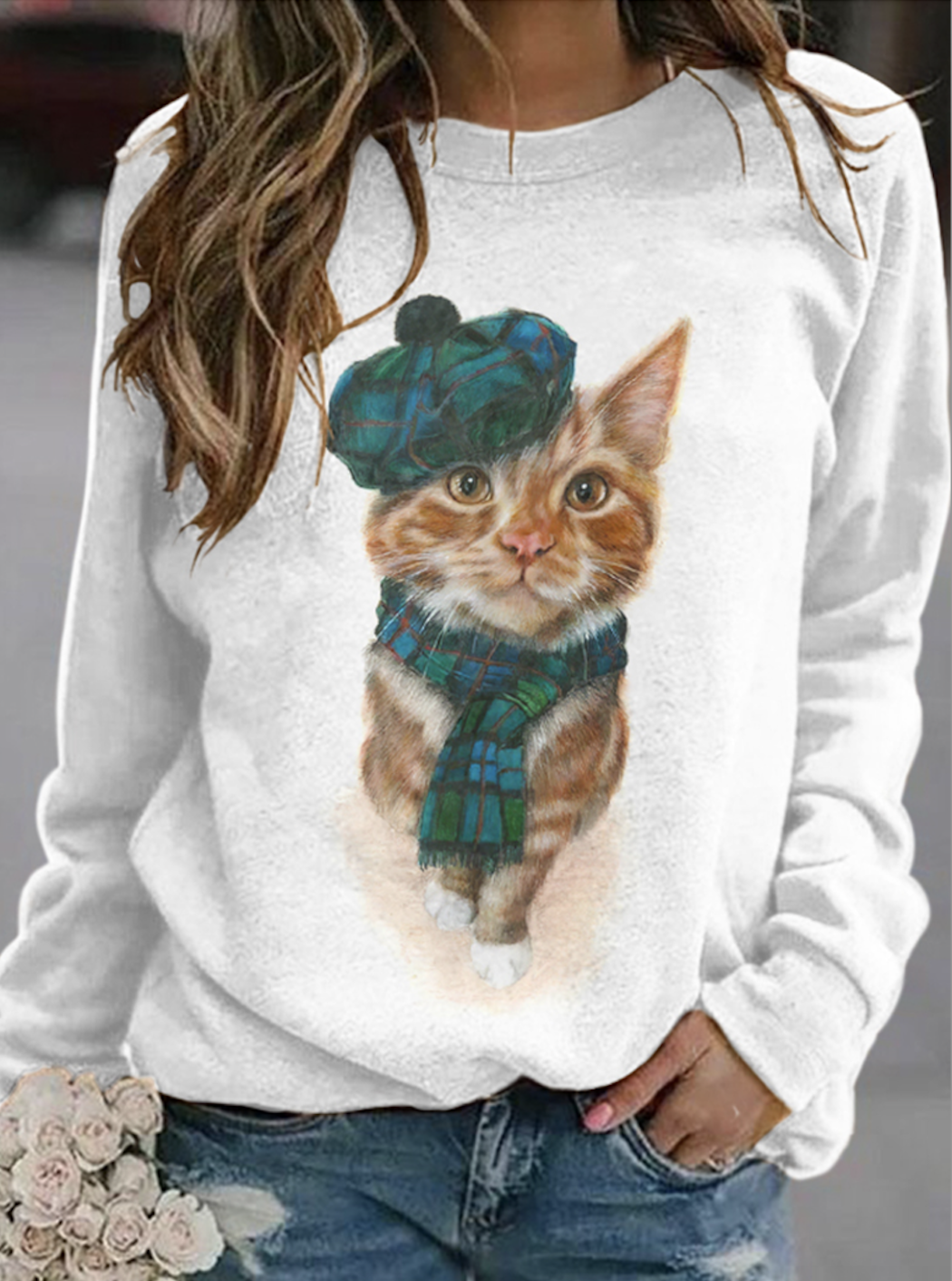 Western style cute cat round neck pullover sweatshirt