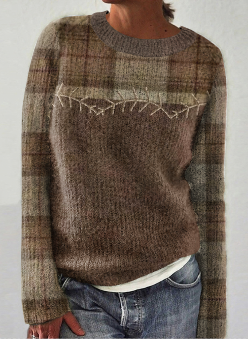 Retro plaid color blocked round neck sweater