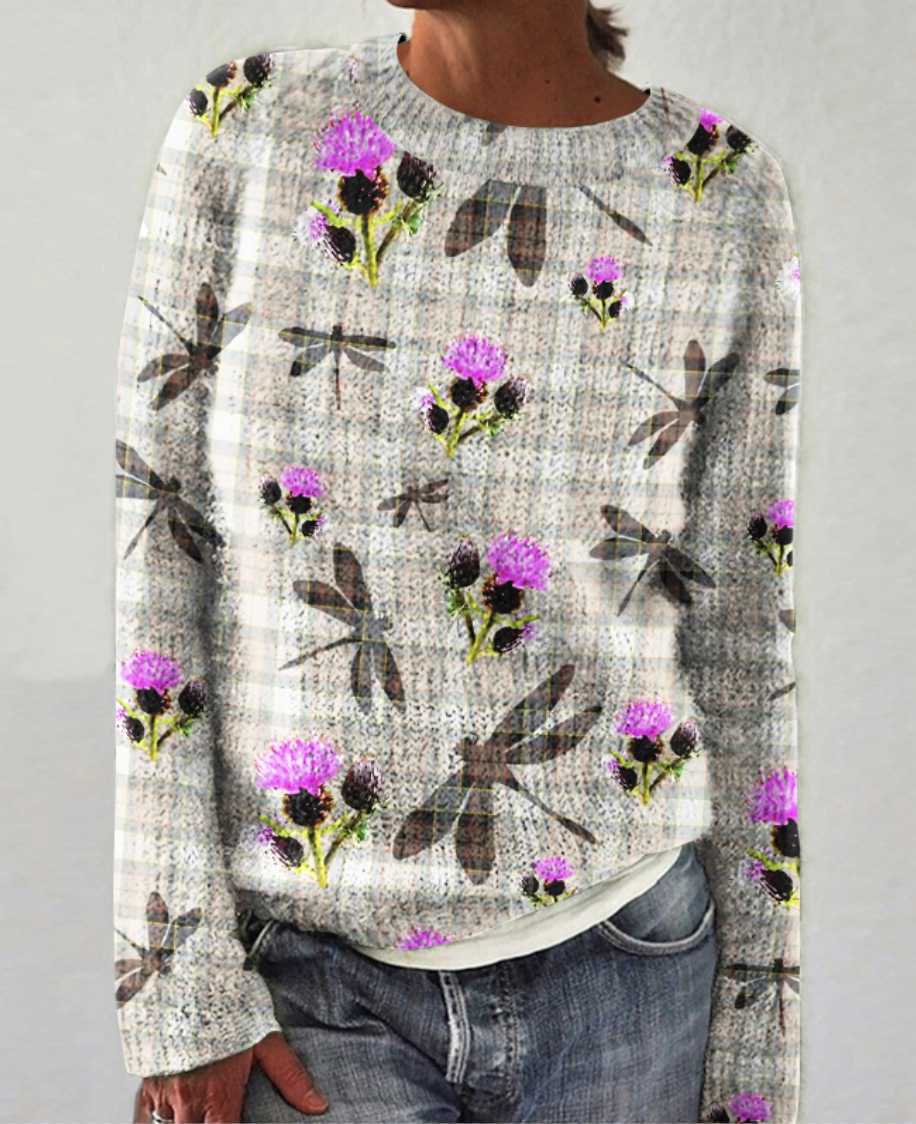 Plant flower checkered round neck sweater