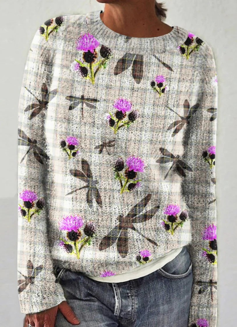 Plant flower checkered round neck sweater