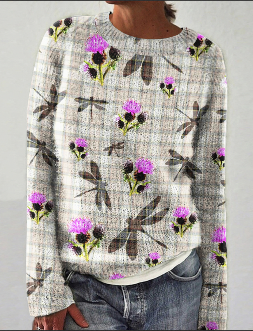 Plant flower checkered round neck sweater